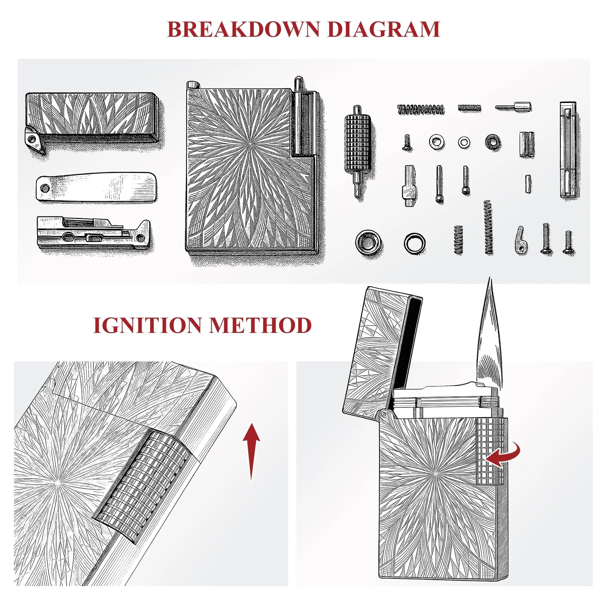 An exploded view diagram of the Thorens Blooming Radiance Silver lighter's intricate metal components and engraved panels, with a section on the ignition method.