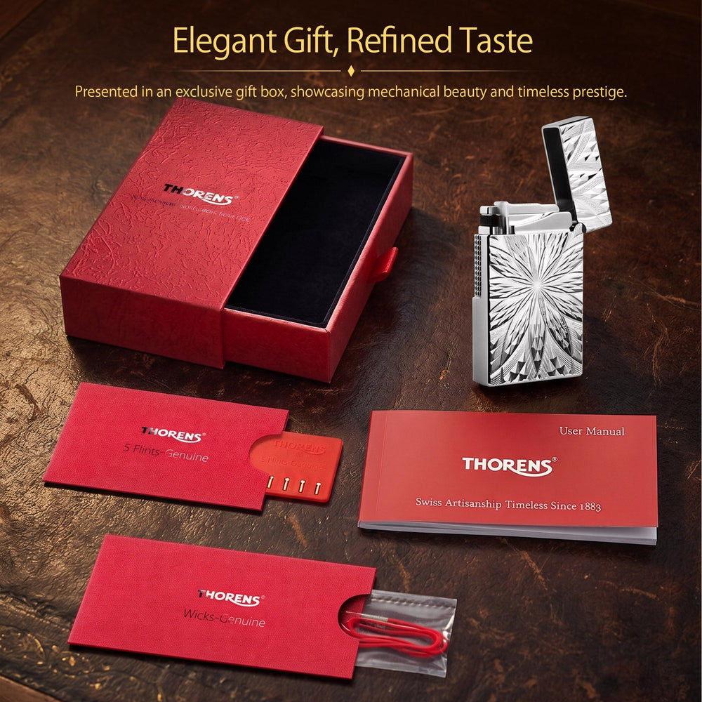 An exploded view diagram of the Thorens Blooming Radiance Silver lighter's intricate metal components and engraved panels, with a section on the ignition method.