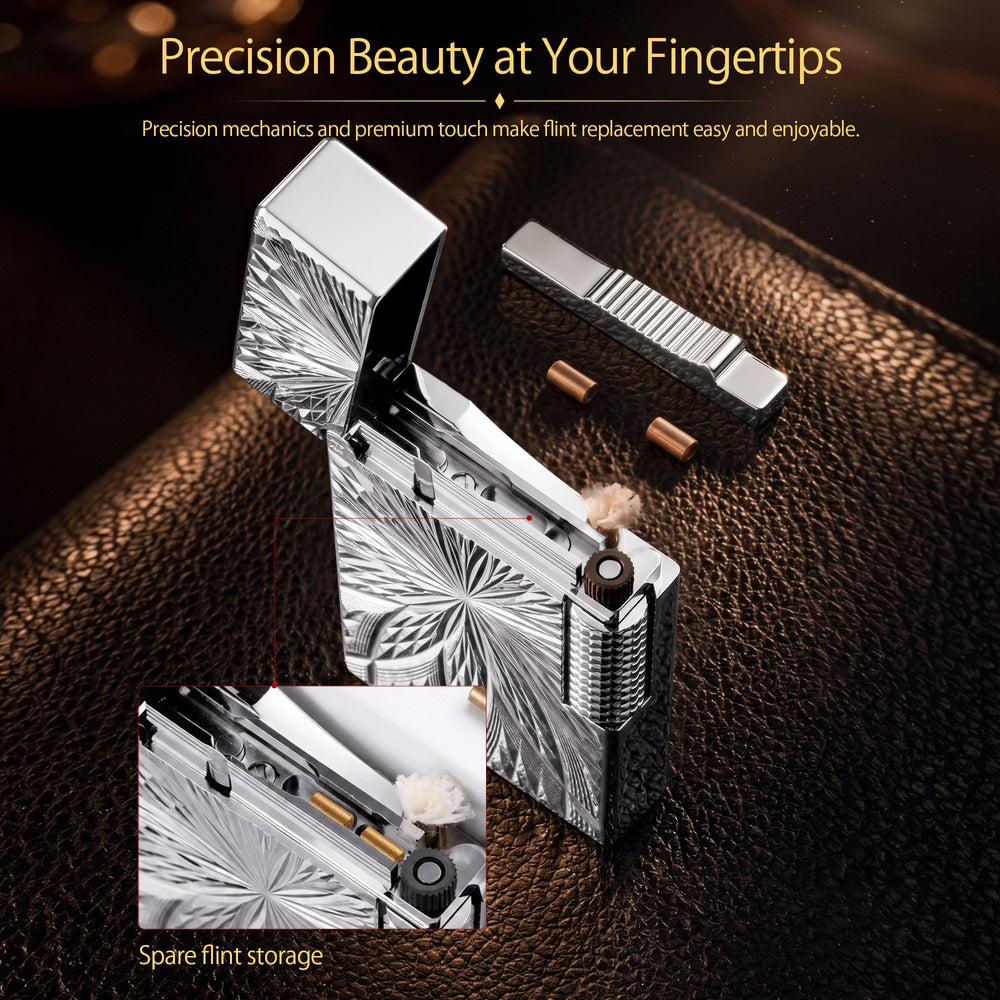 A front-facing view of the Thorens Blooming Radiance silver lighter, showcasing its high-polished silver plating and the intricate, light-catching floral engraving.