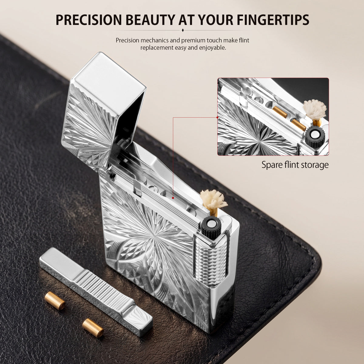 A front-facing view of the Thorens Blooming Radiance silver lighter, showcasing its high-polished silver plating and the intricate, light-catching floral engraving.