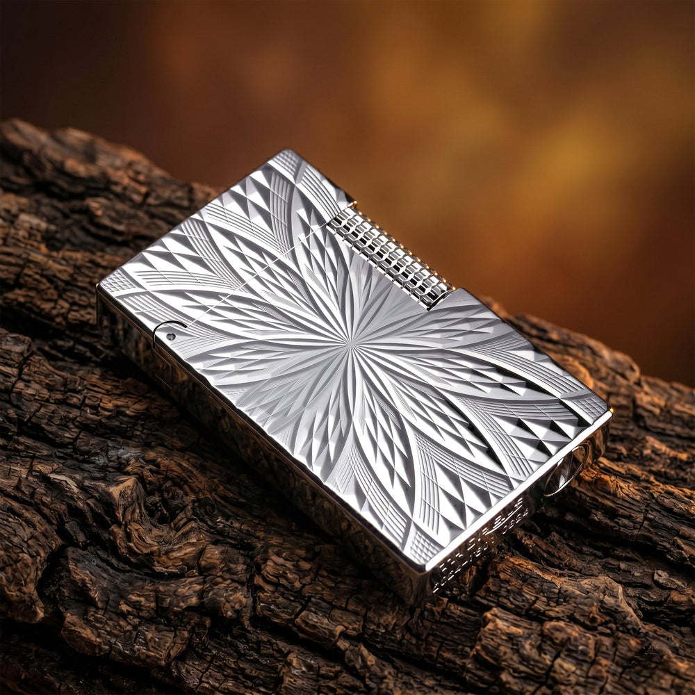 A Thorens Blooming Radiance Silver lighter presented in a premium red gift box, accompanied by genuine flints, wicks, and an official user manual.