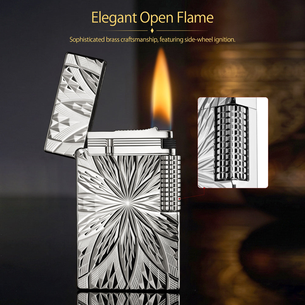 An ignited Blooming Radiance silver-plated lighter with an open lid, showcasing a bright flame and mechanical sparks against the polished, floral-engraved silver body.