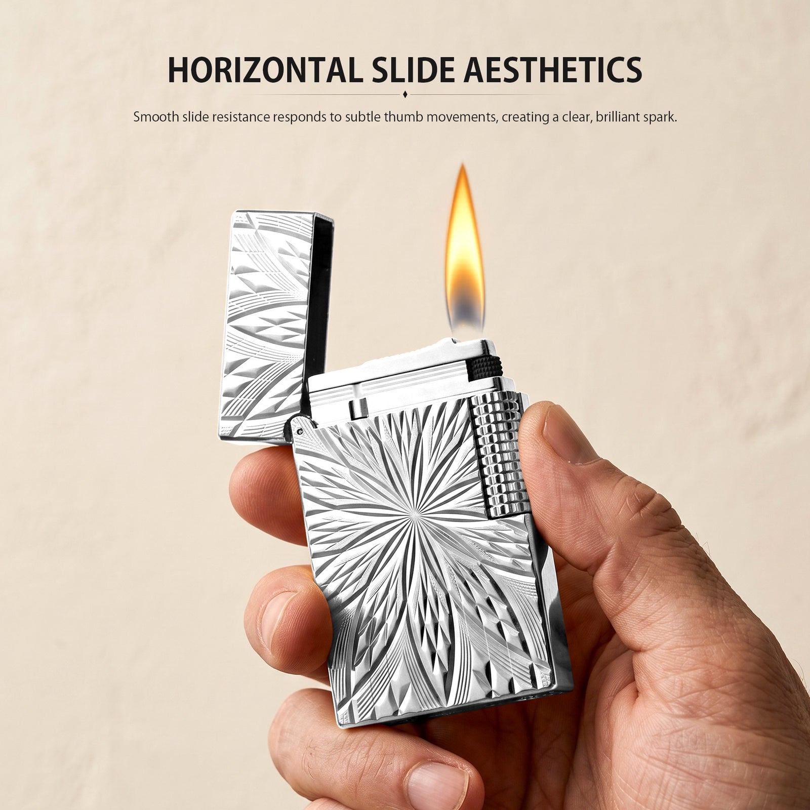 An ignited Blooming Radiance silver-plated lighter with an open lid, showcasing a bright flame and mechanical sparks against the polished, floral-engraved silver body.