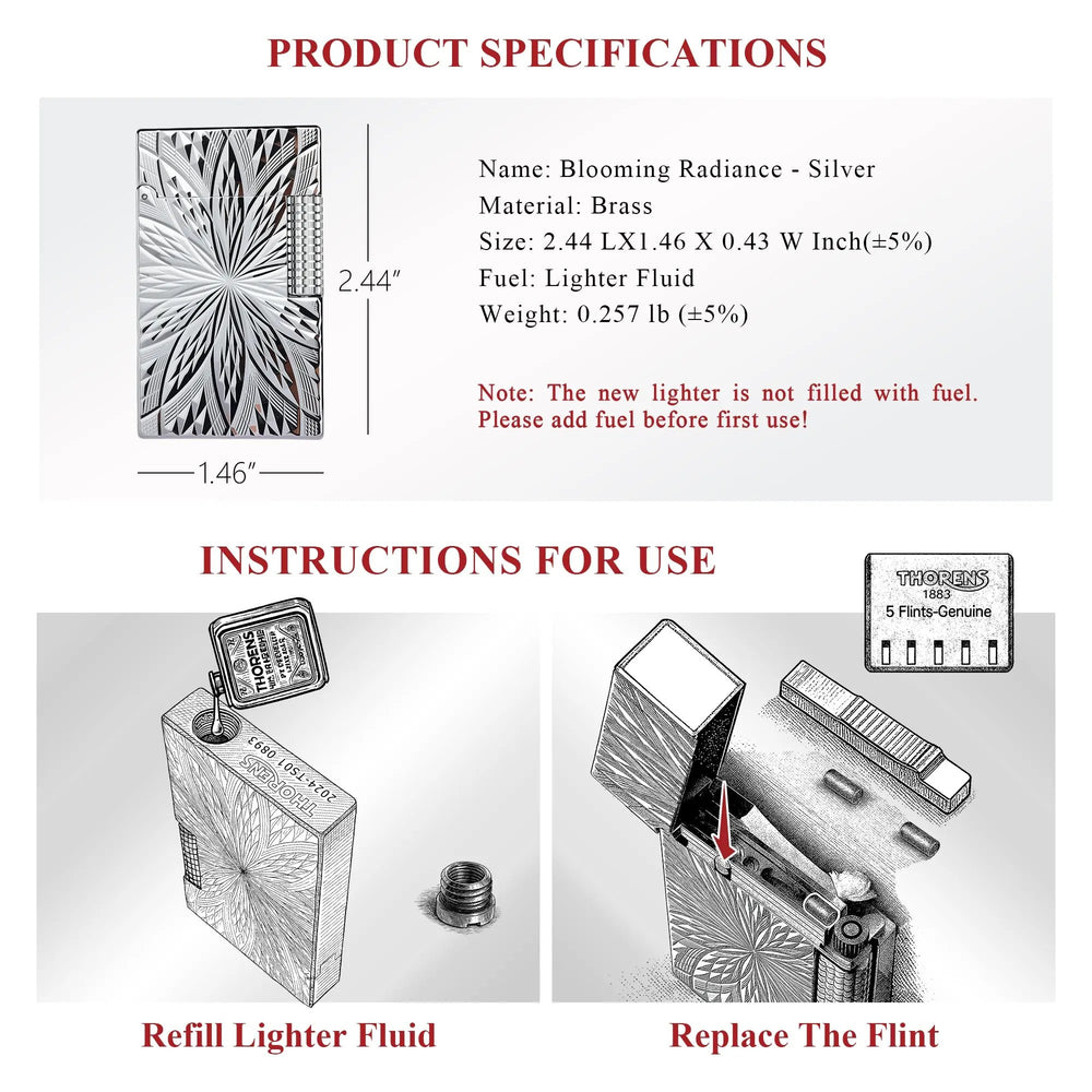 Technical specifications for the Blooming Radiance Silver lighter alongside illustrated instructions for refilling lighter fluid and replacing the flint.