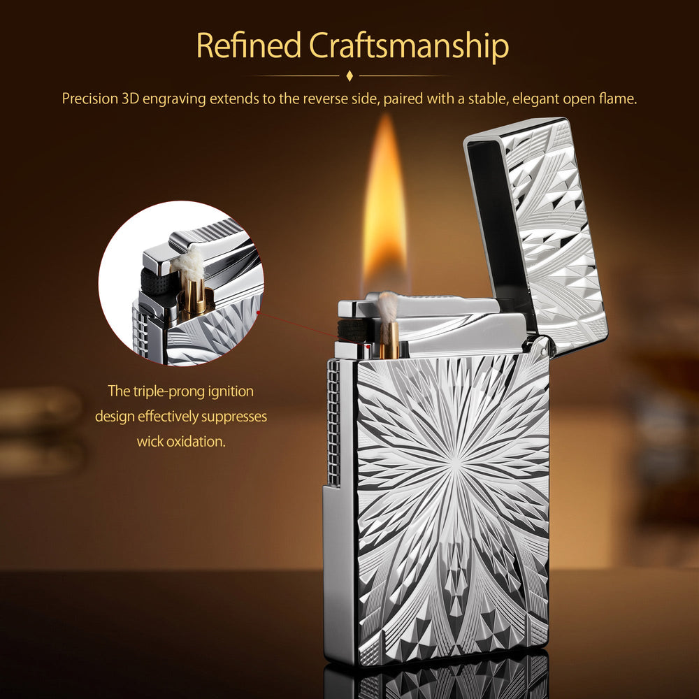 Technical specifications for the Blooming Radiance Silver lighter alongside illustrated instructions for refilling lighter fluid and replacing the flint.
