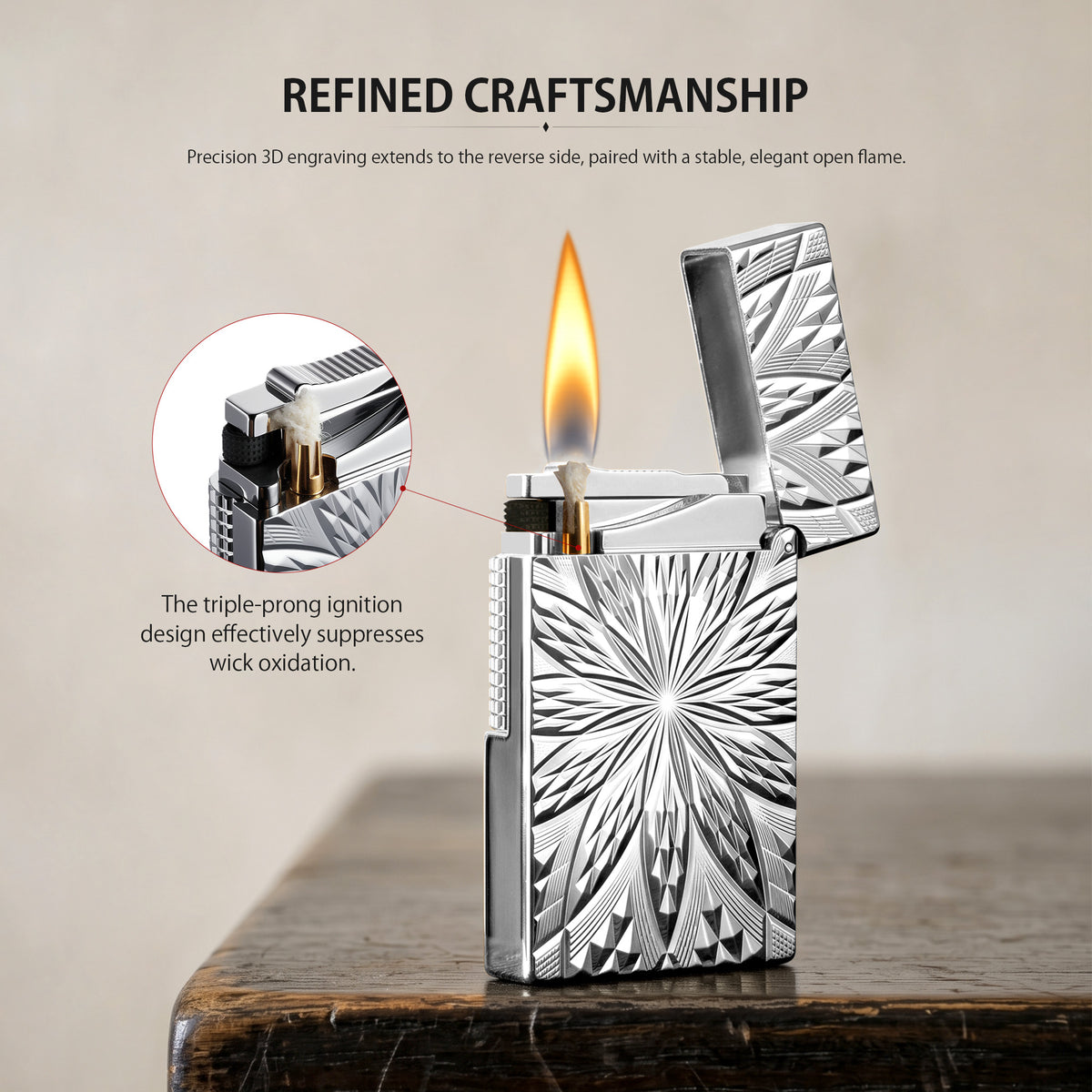 Technical specifications for the Blooming Radiance Silver lighter alongside illustrated instructions for refilling lighter fluid and replacing the flint.