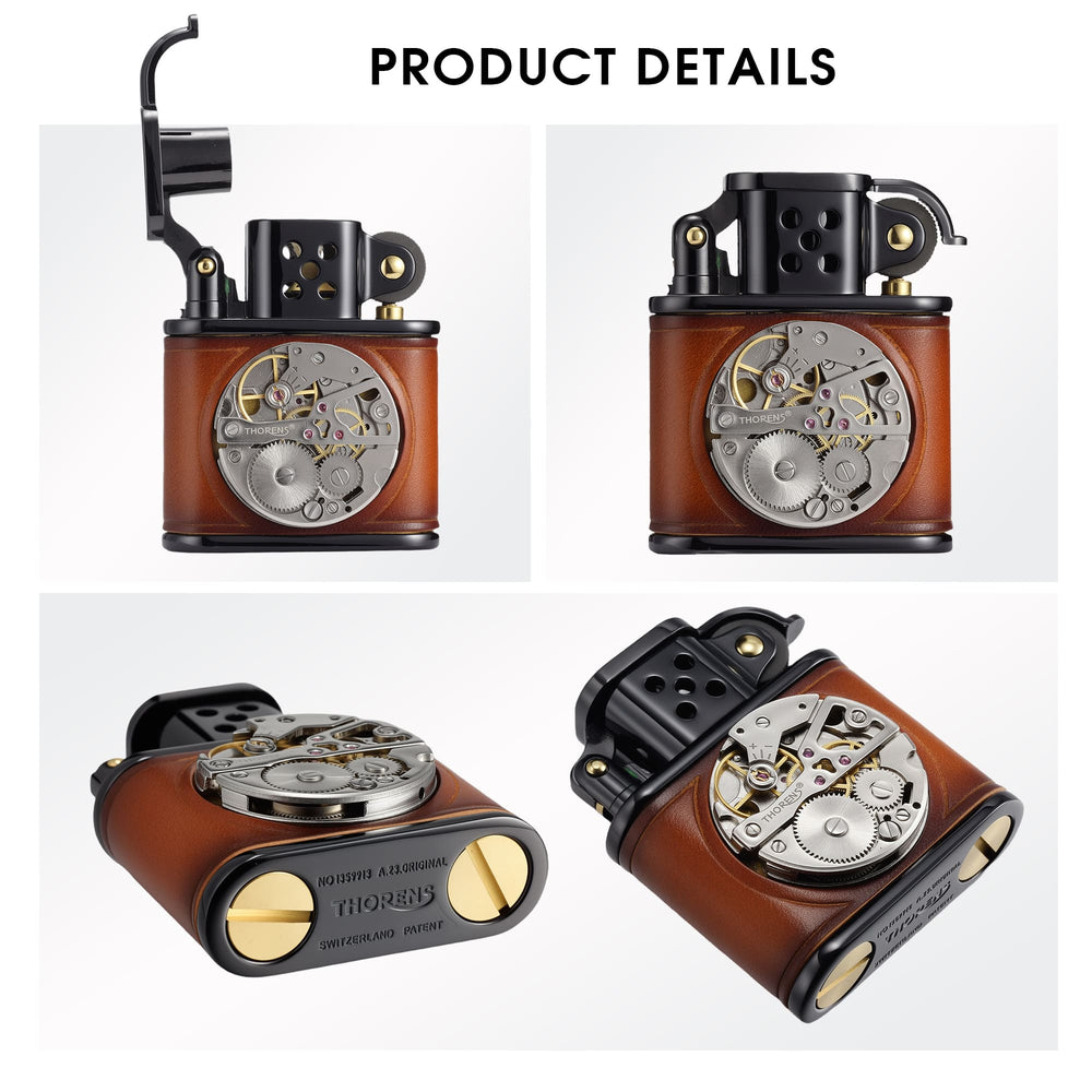 Thorens handmade cowhide lighter in brown and black shown in detail views, with inlaid mechanical movement, open lid, and brass bottom screws.
