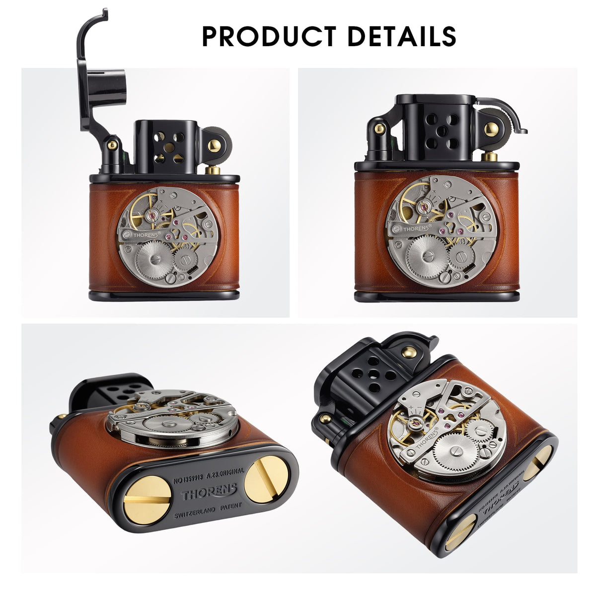 Thorens handmade cowhide lighter in brown and black shown in detail views, with inlaid mechanical movement, open lid, and brass bottom screws.
