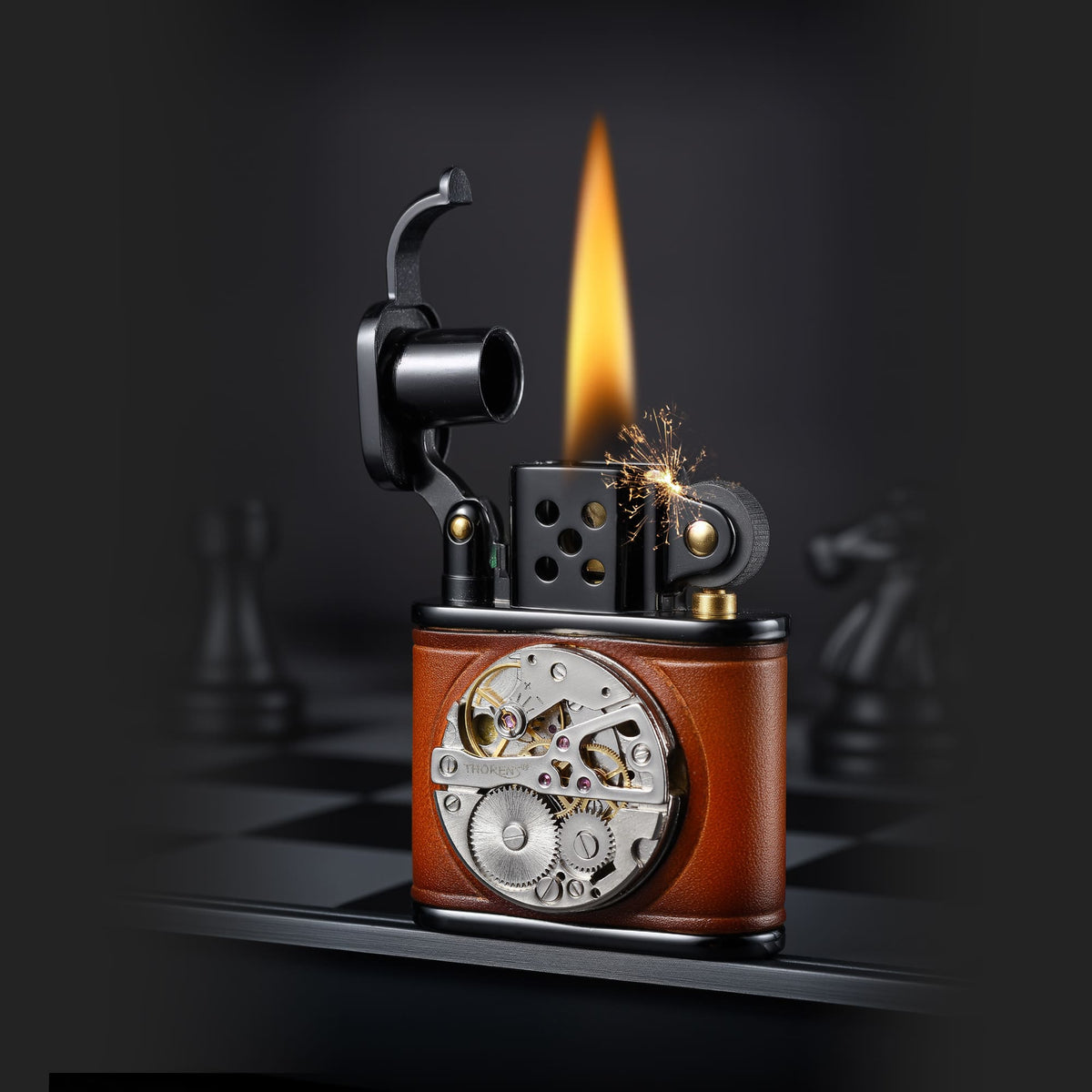 Thorens handmade cowhide lighter in brown and black shown lit from the front, featuring an inlaid mechanical movement dial, black metal top, and warm flame against a chessboard-style background.