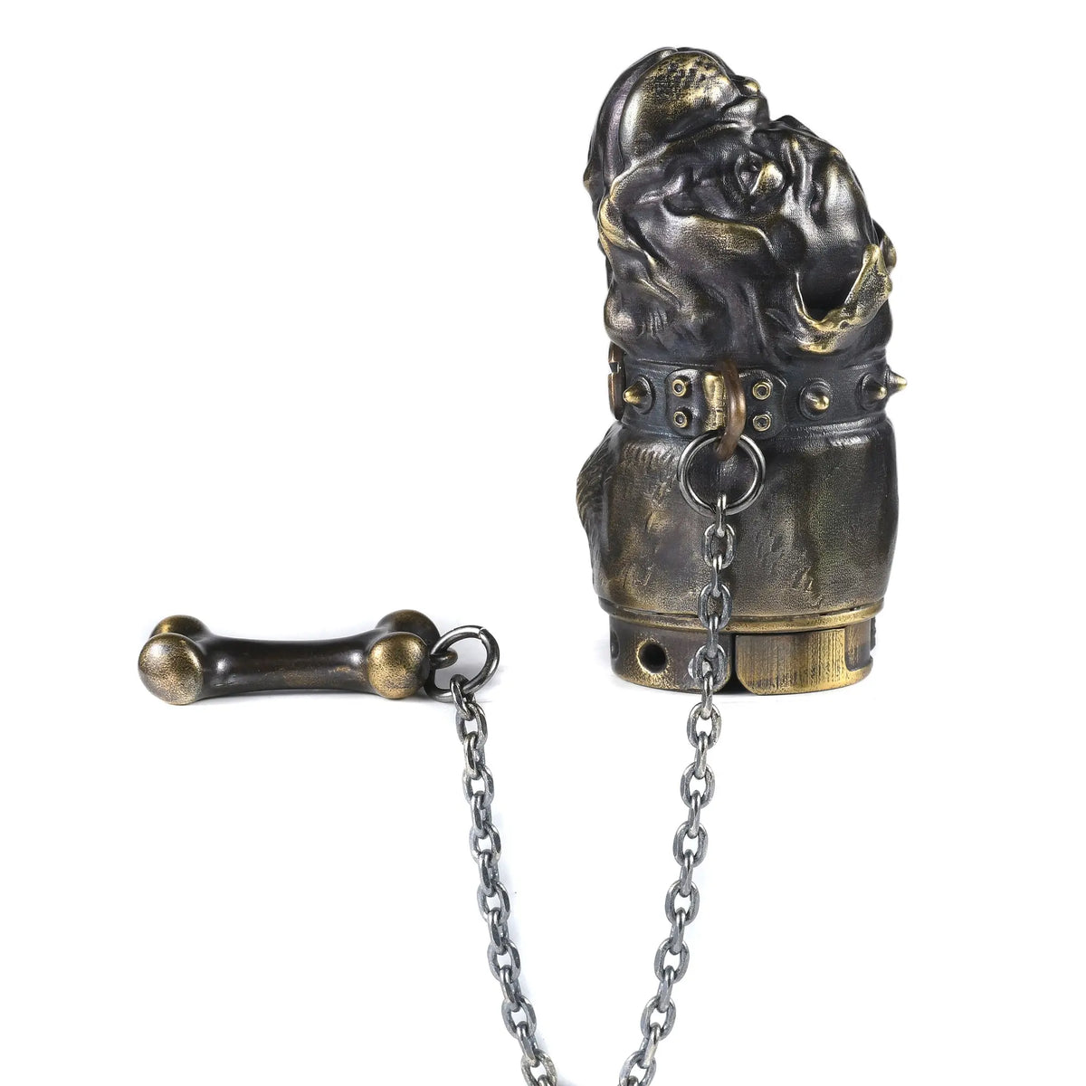 A heavy-duty bulldog sculpted mechanical lighter featuring a spiked collar, antique brass finish, and a bone-shaped chain, showcasing heritage brass craftsmanship and collectible appeal.