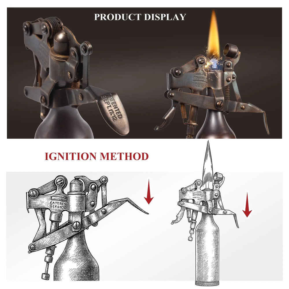 A technical display of the glossy bronze Capitol Table Lighter, featuring side-by-side product photos of the mechanism and ignition next to detailed line drawings illustrating the downward lever press.