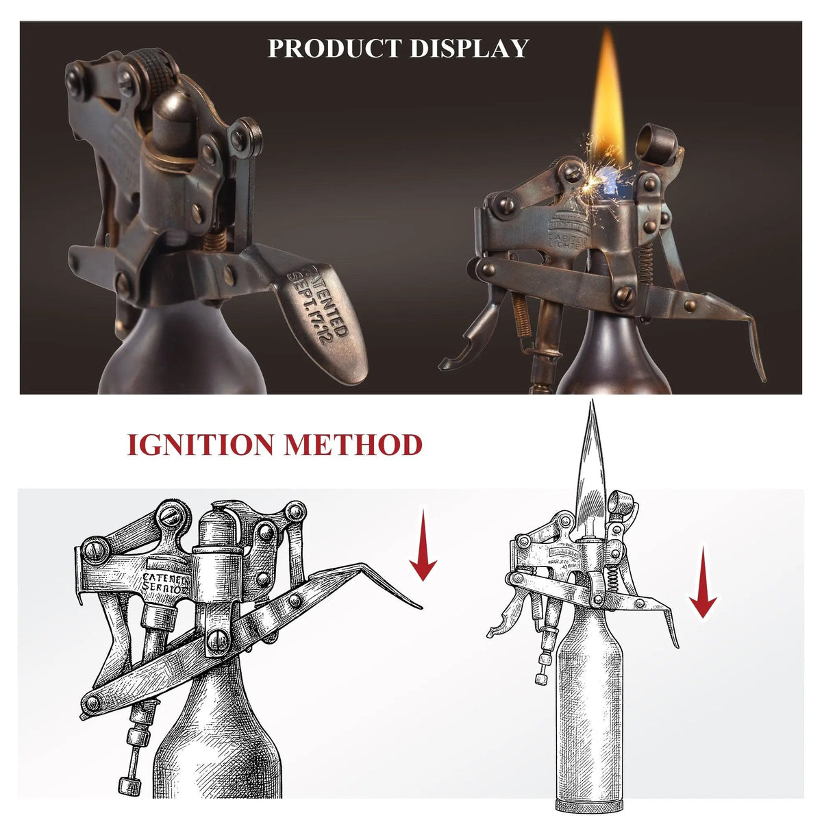 A technical display of the glossy bronze Capitol Table Lighter, featuring side-by-side product photos of the mechanism and ignition next to detailed line drawings illustrating the downward lever press.
