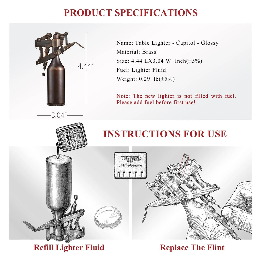 A technical guide for the glossy Capitol Table Lighter showing product dimensions, material specs, and illustrated steps for refilling fluid and flint replacement.