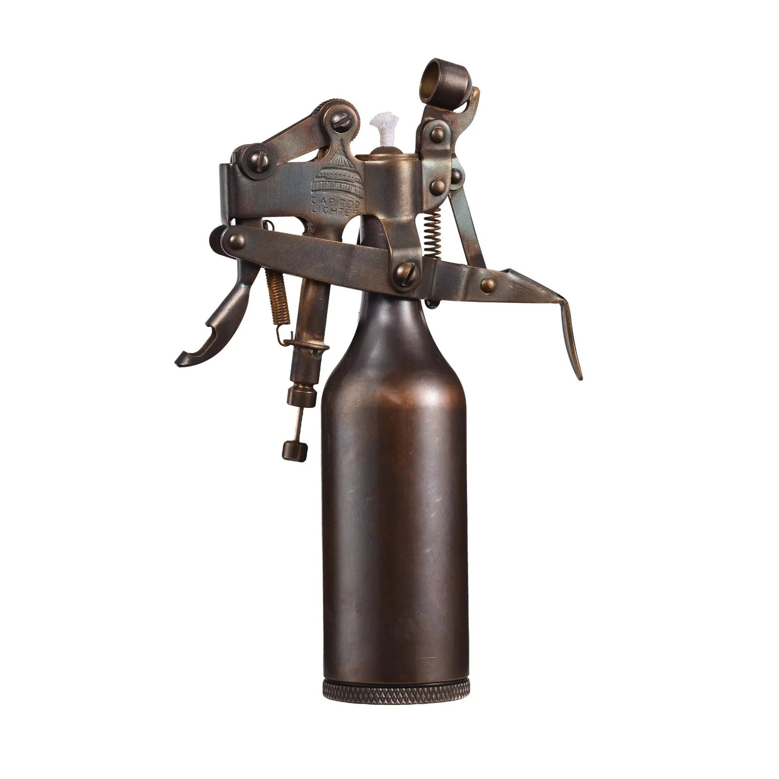 A glossy bronze Capitol Table Lighter featuring a complex mechanical lever system, exposed spring, and cotton wick, showcased against a clean white background.