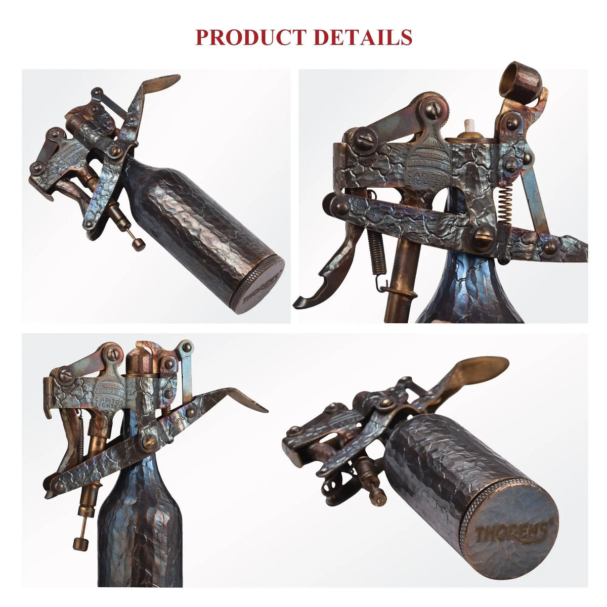 A product detail collage of the Capitol Table Lighter with hand-carved cracks, showcasing the intricate blue-toned patina, the mechanical spring assembly, and the Thorens brand stamp on the textured base.