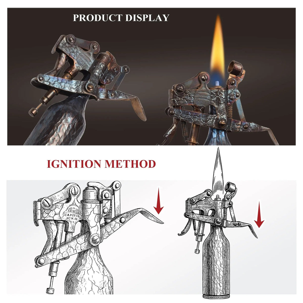 A technical display showing the hand-carved Capitol Table Lighter in action, featuring side-by-side product photos and detailed line drawings that illustrate the downward lever ignition method.