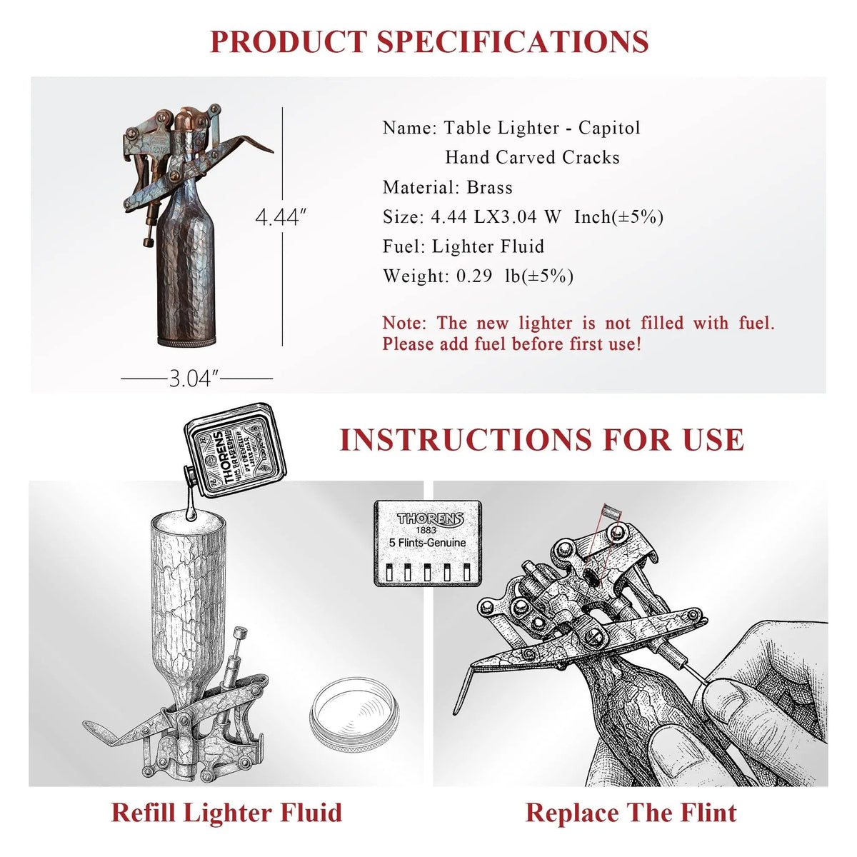A technical spec sheet for the Capitol Table Lighter with hand-carved cracks, featuring product dimensions and illustrated guides for refilling fluid and replacing flints.