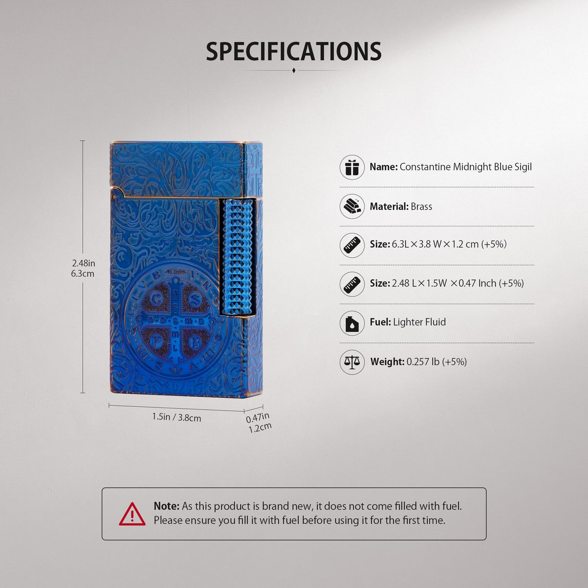 A breakdown diagram illustrating the components of a Thorens Constantine Midnight Blue Sigil lighter and an operational guide showing the flint wheel ignition method.