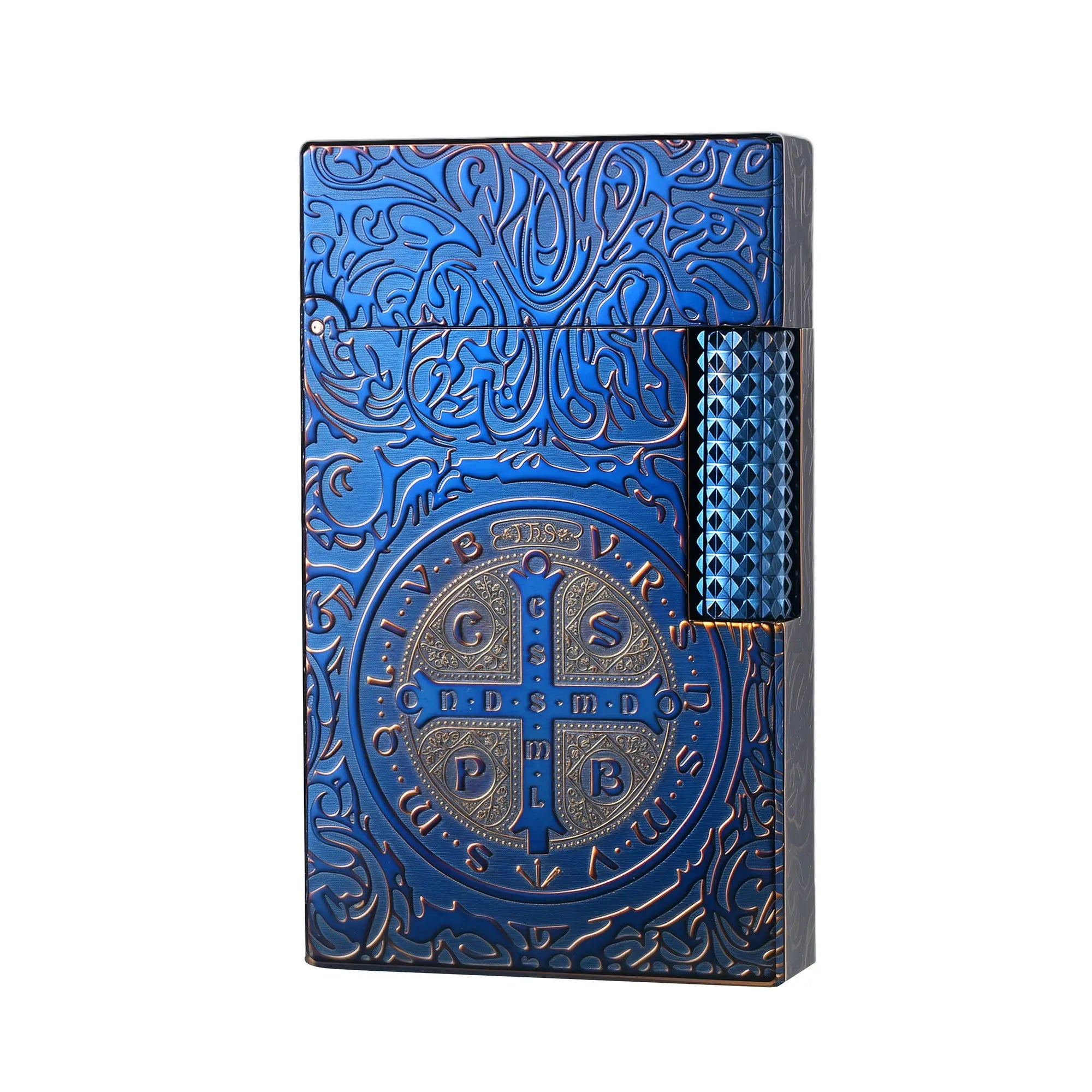 Brass refillable fluid lighter, religious engraved side slip