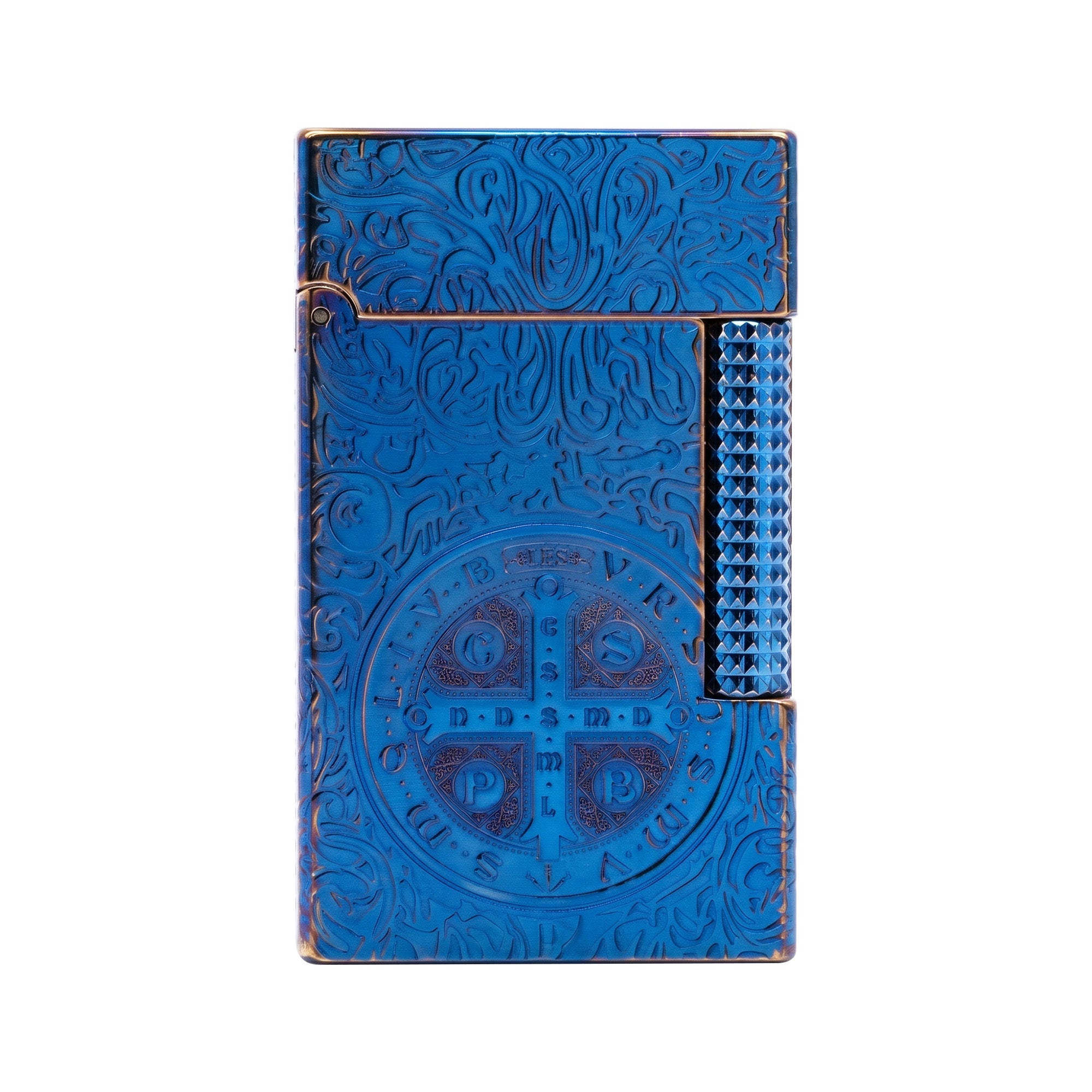 A closed Constantine Midnight Blue Sigil lighter featuring deep blue brass craftsmanship with an embossed St. Benedict medal and scrolling filigree.