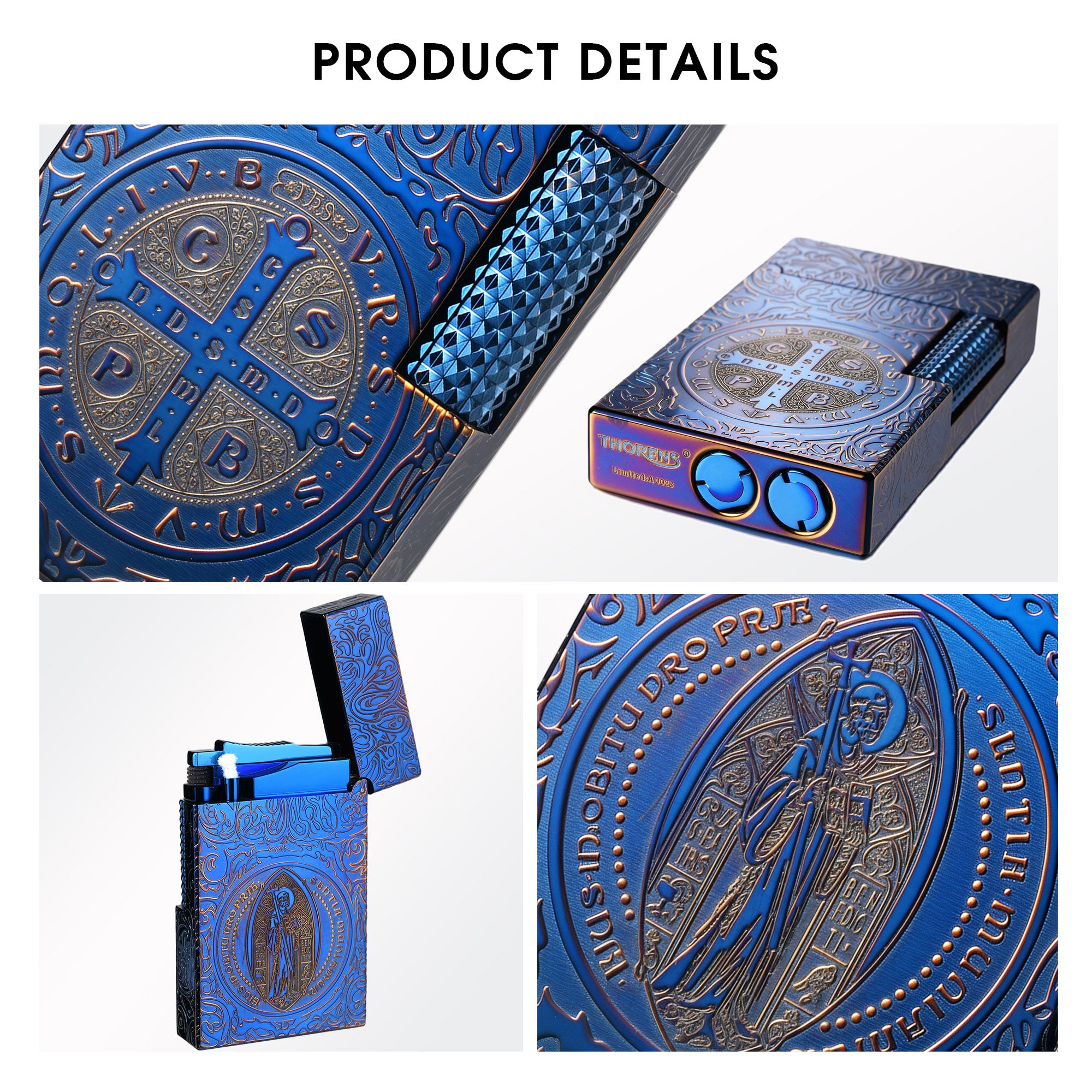 Brass refillable fluid lighter, religious engraved side slip