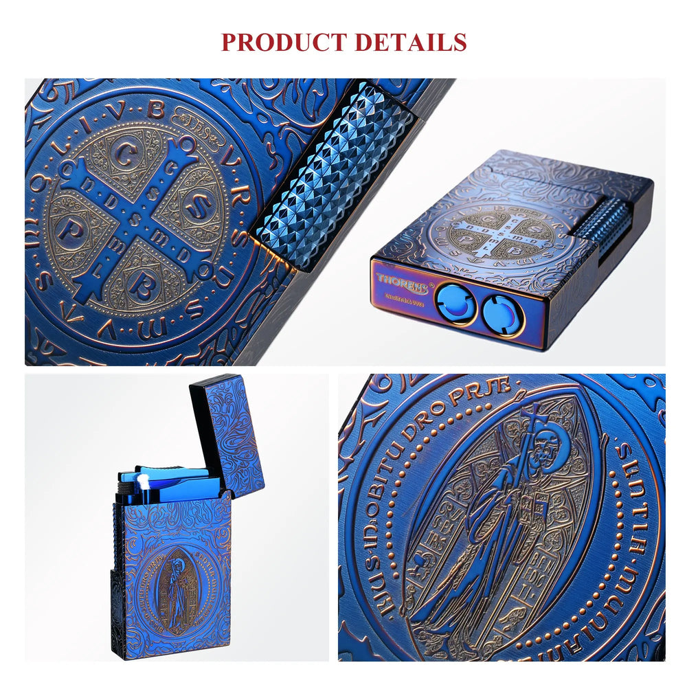 A collage showing product details of the Constantine Midnight Blue Sigil lighter, featuring the diamond-textured roller, the bottom refill ports, an open view of the ignition chamber, and a close-up of the Saint Benedict sigil engraving.