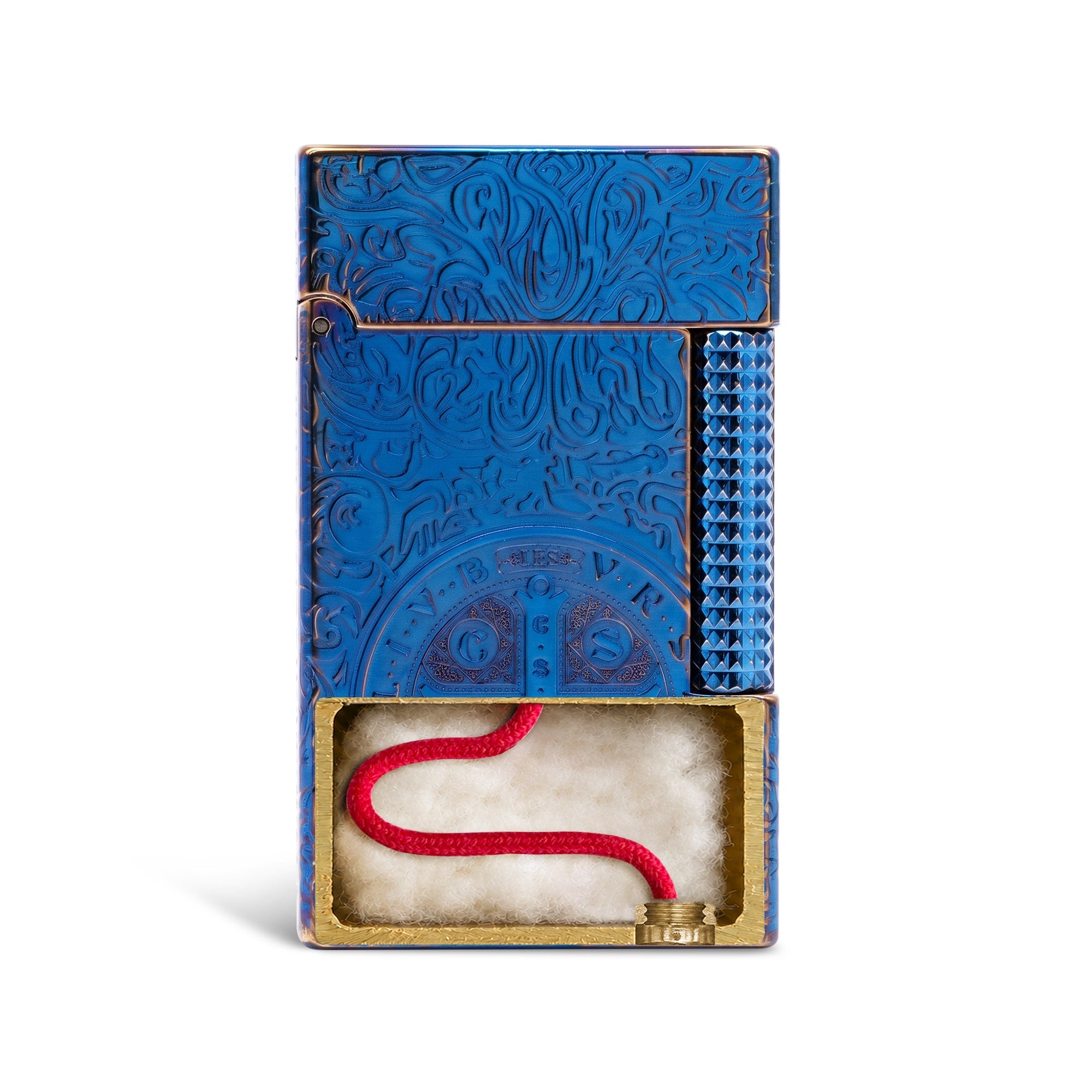 燃料補充式真鍮オイルライター、宗教彫刻サイドスリップデザイン