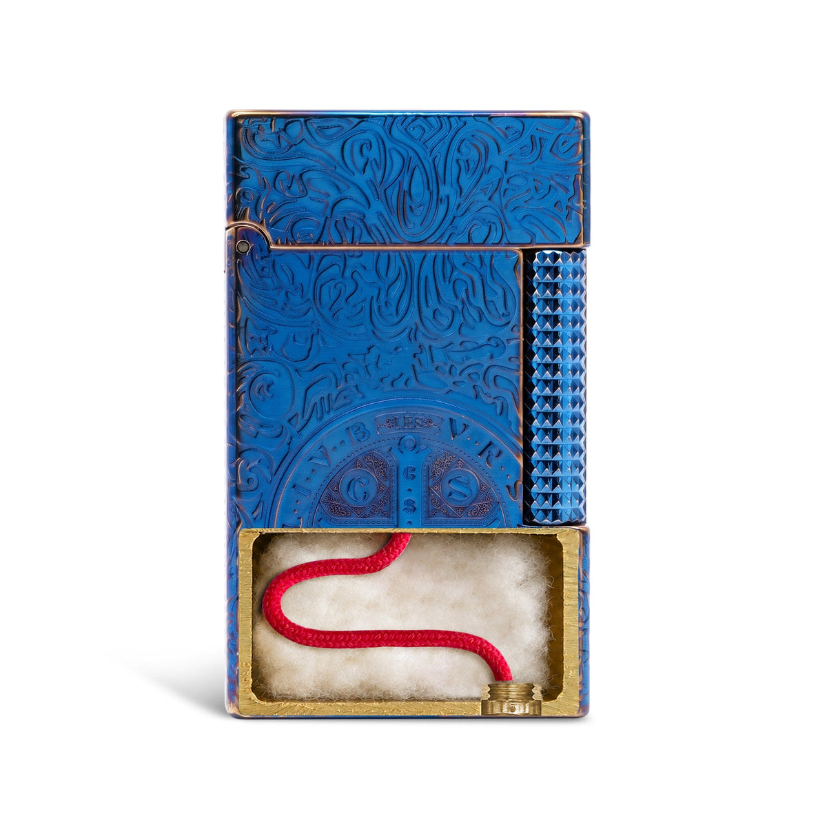 An open Constantine Midnight Blue Sigil lighter showcasing the intricate St. Benedict medal engraving and deep blue brass finish.