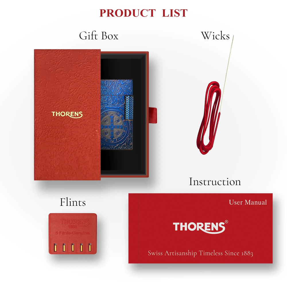 A comprehensive product list for the Constantine Midnight Blue Sigil lighter, including a red textured Thorens gift box, replacement wicks, a pack of five flints, and the official user manual.