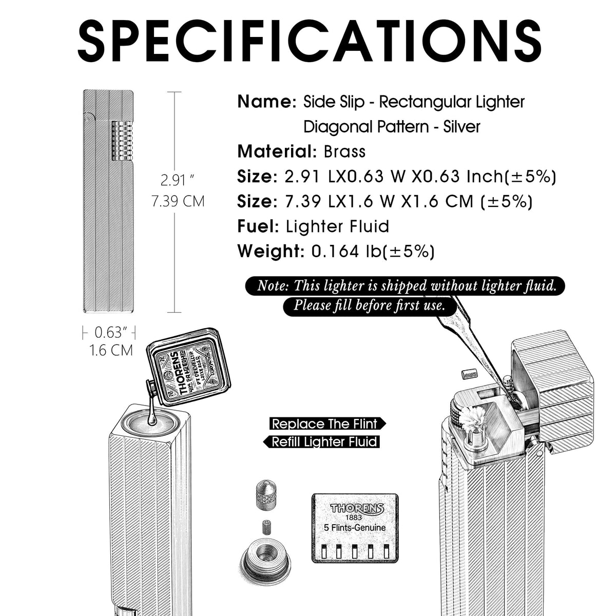 Specification sheet of Thorens rectangular lighter with diagonal pattern in silver, showing dimensions, brass construction, internal structure diagrams, and refill and flint replacement guidance.