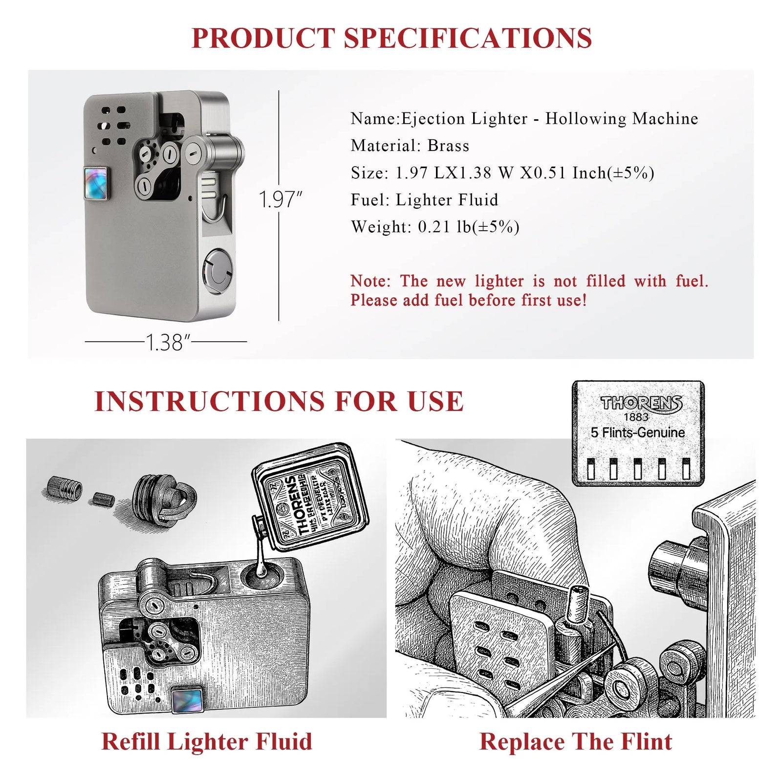 A technical product infographic for the Thorens "Ejection Lighter" in the "Hollowing Machine" style. The image details its compact dimensions (1.97" x 1.38"), brass material, and weight (0.21 lb). The bottom half provides instructional diagrams for refilling fuel through the top port and replacing the flint within its complex mechanical structure.