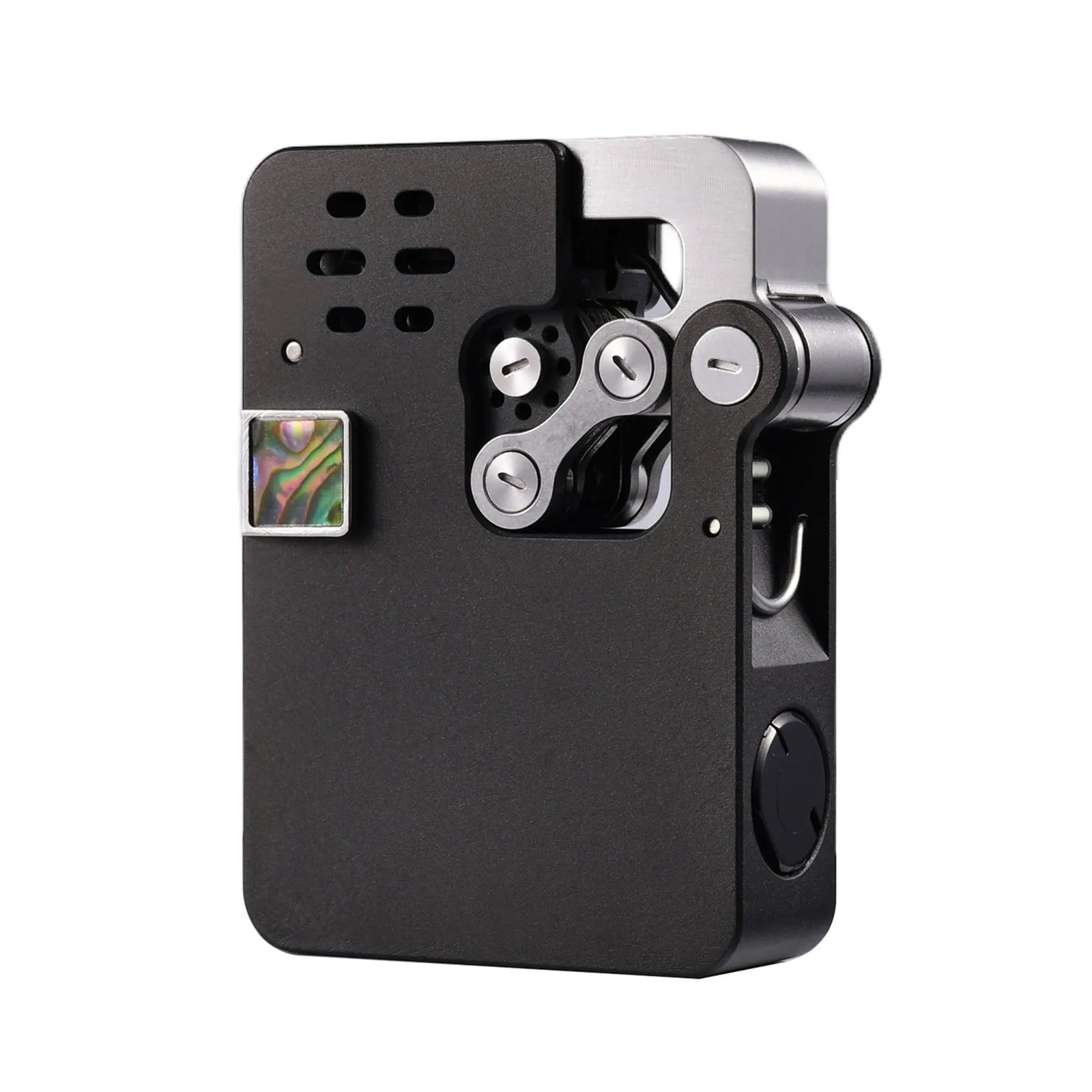 A matte black Hollowing Machine ejection lighter featuring a visible internal chain mechanism, vented ports, and a square abalone shell inlay.
