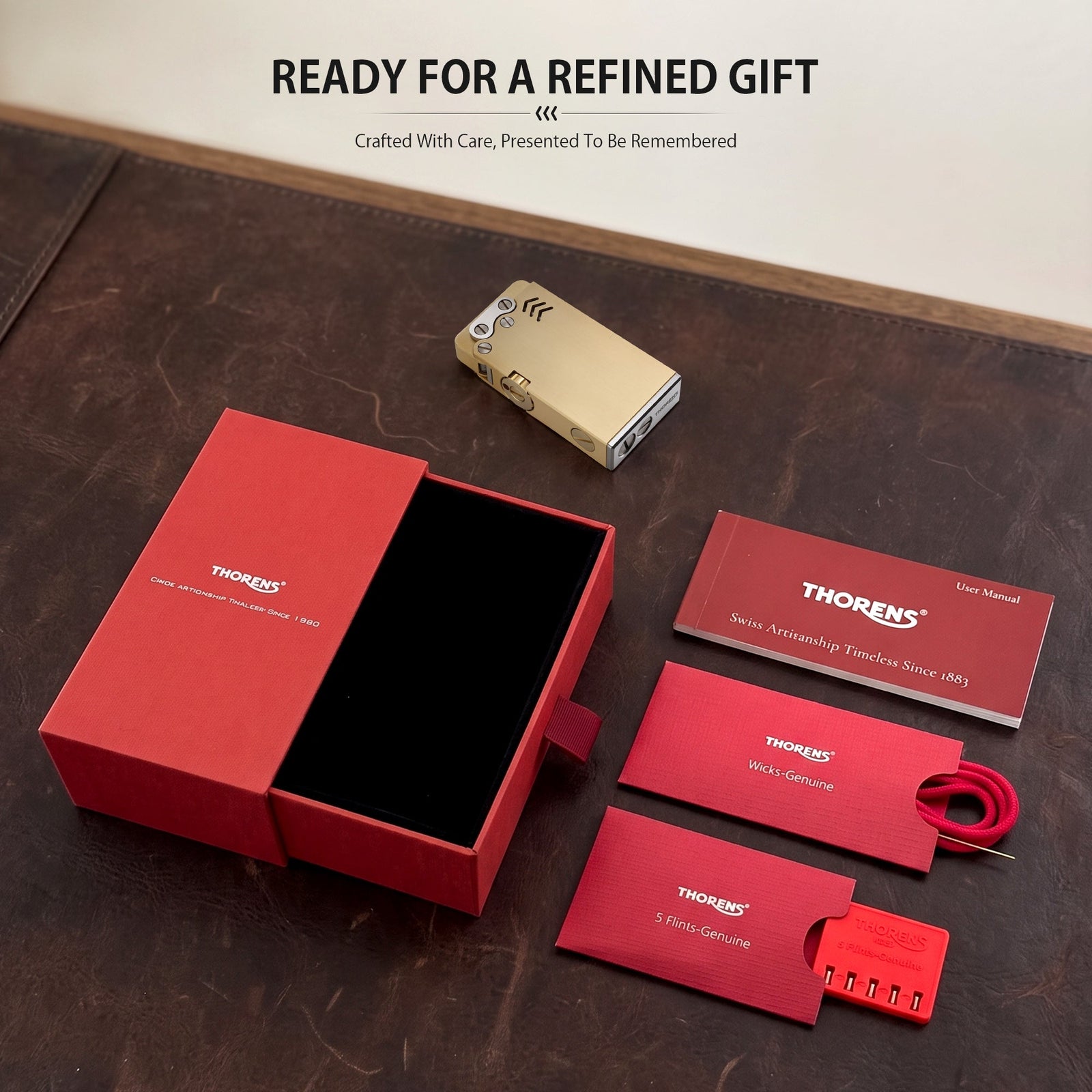 Illustrated breakdown diagram and ignition method guide for the Thorens Ejection Lighter in brass finish, showing internal components and slide ignition operation.