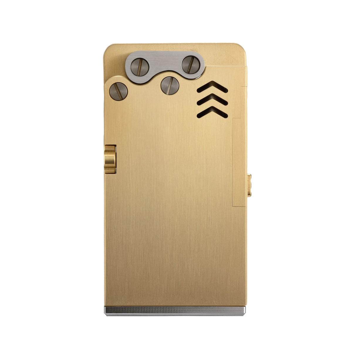 Thorens Ejection Lighter in brushed brass shown closed on a clean background, highlighting engraved vents and exposed mechanical screw plate.