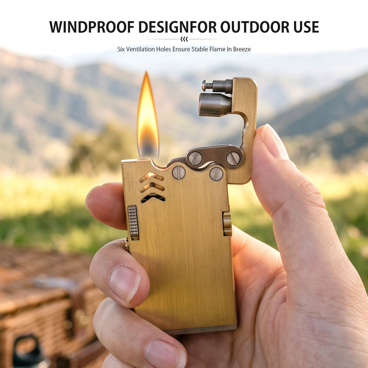 Thorens Ejection Lighter in brushed brass finish igniting with visible spark and flame, lid open to reveal exposed mechanical ignition assembly.