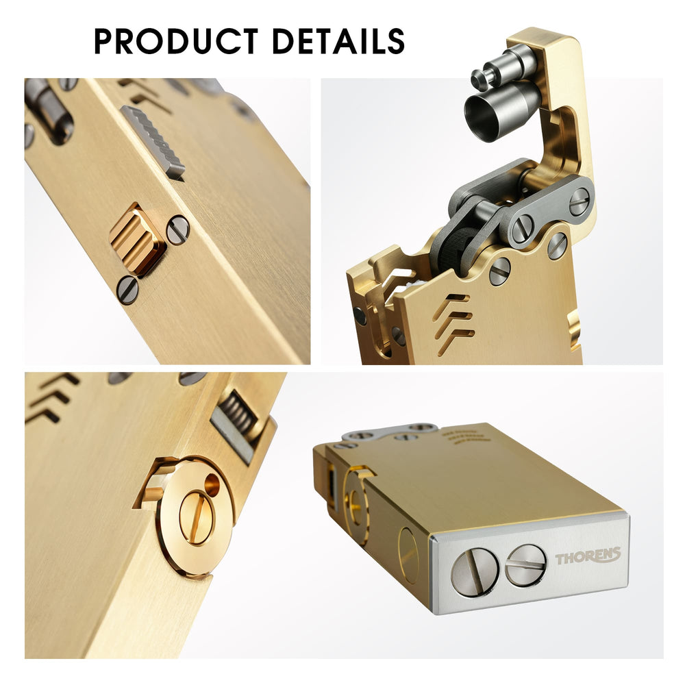 Close-up views of the Thorens Ejection Lighter in brushed brass showing the exposed ignition mechanism, side ignition slider, fuel screw cap, and precision base construction.