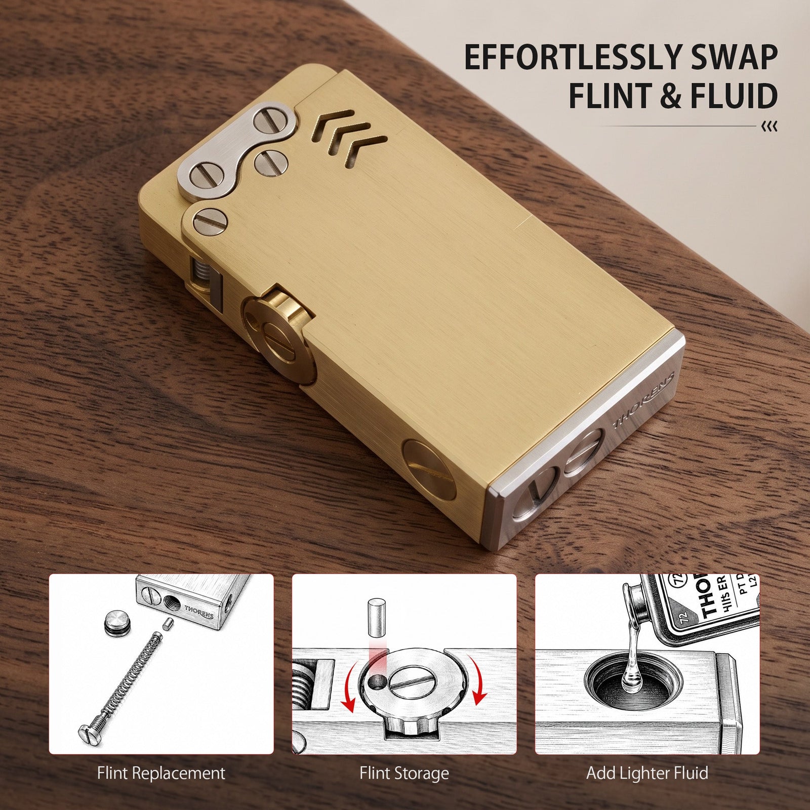 Close-up views of the Thorens Ejection Lighter in brushed brass showing the exposed ignition mechanism, side ignition slider, fuel screw cap, and precision base construction.