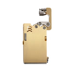 Thorens Ejection Lighter in brushed brass with lid open, revealing the articulated ignition arm, flint wheel assembly, and precision mechanical structure.