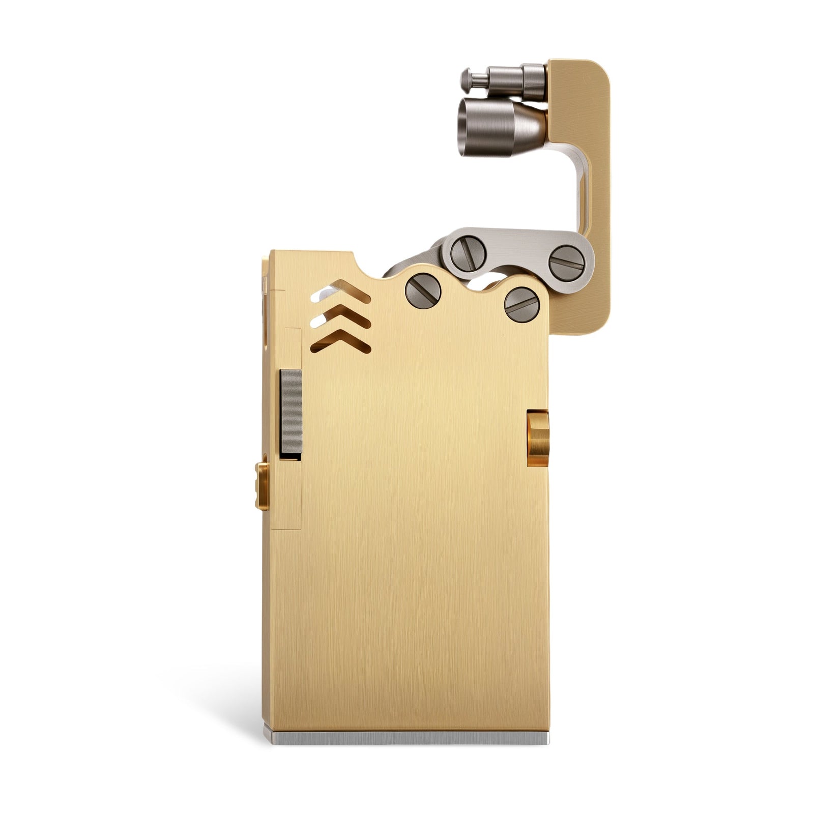 Thorens Ejection Lighter in brushed brass with lid open, revealing the articulated ignition arm, flint wheel assembly, and precision mechanical structure.