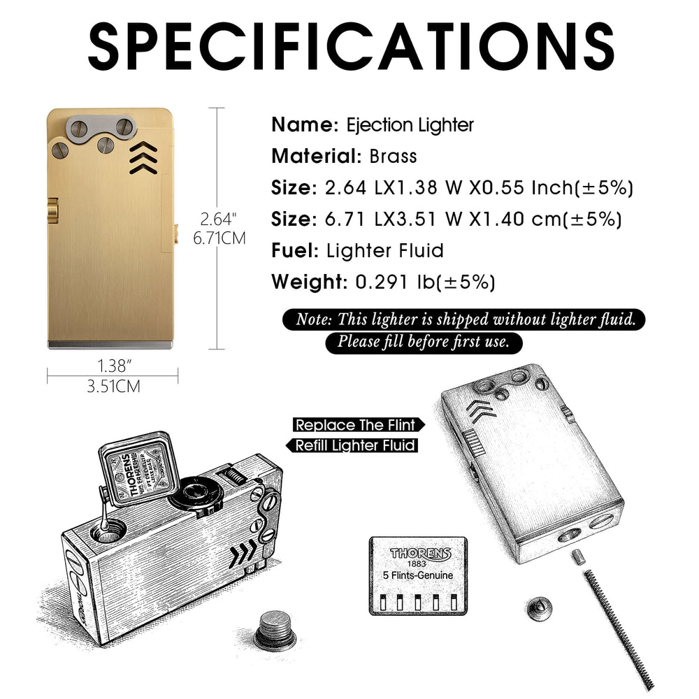 Product specifications and usage instructions for the Thorens Ejection Lighter in brass finish, including size details, fuel refill method, and flint replacement guide.