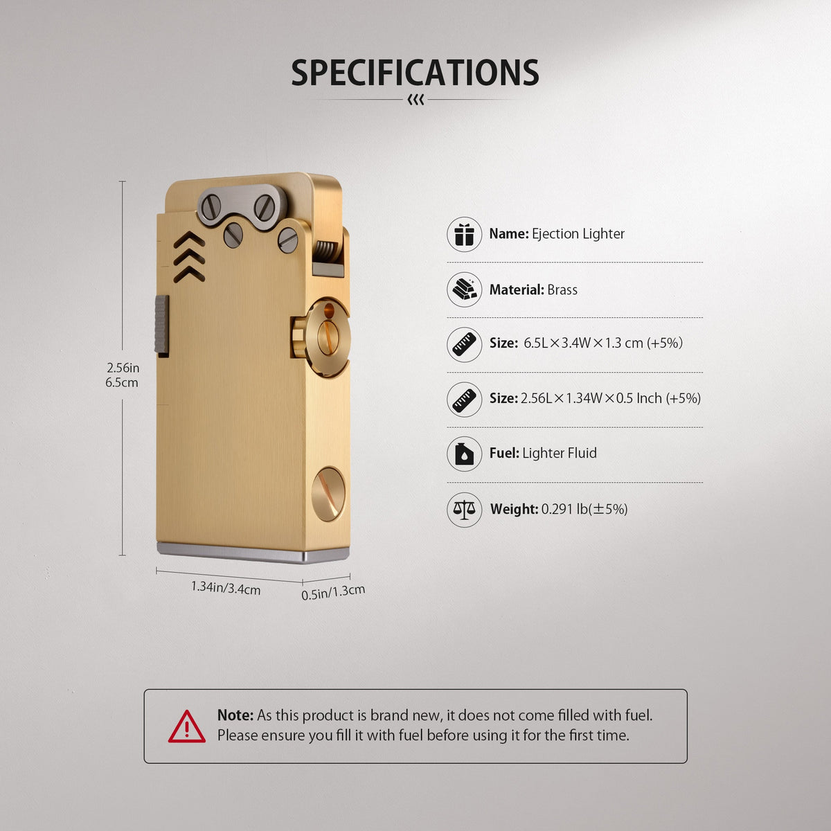 Thorens Ejection Lighter in brushed brass standing upright on a chessboard surface, highlighting engraved vents and exposed mechanical screw plate.