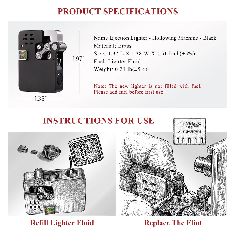A technical data sheet for the Thorens Hollowing Machine ejection lighter, showing precise dimensions, weight, and brass material construction, with illustrated guides for refilling lighter fluid and replacing the flint.