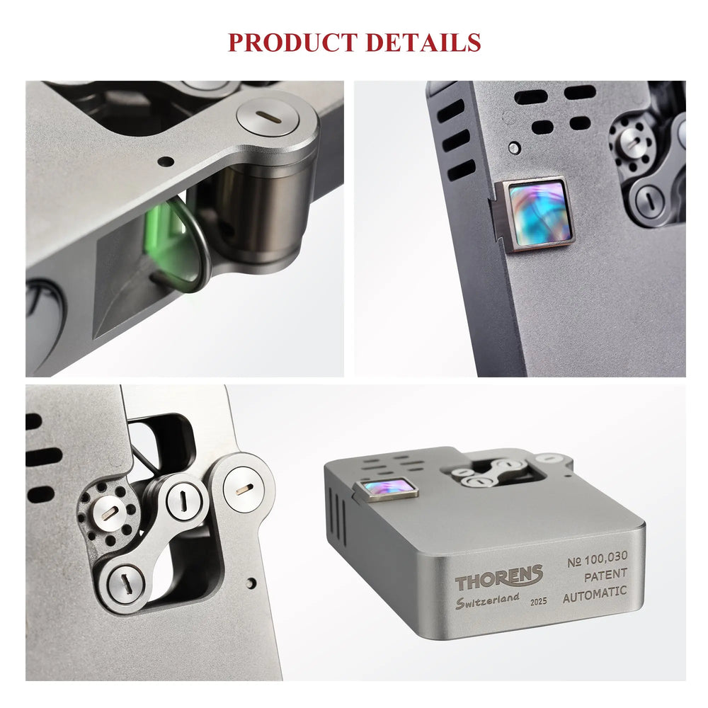 A product detail collage of the Ejection Lighter showing the colorful shell inlay, mechanical gears, linkage structure, and engraved Thorens Switzerland logo.