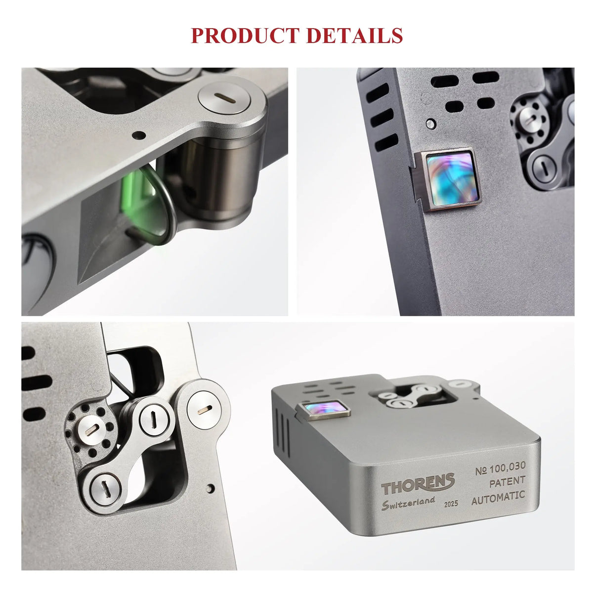 A product detail collage of the Ejection Lighter showing the colorful shell inlay, mechanical gears, linkage structure, and engraved Thorens Switzerland logo.