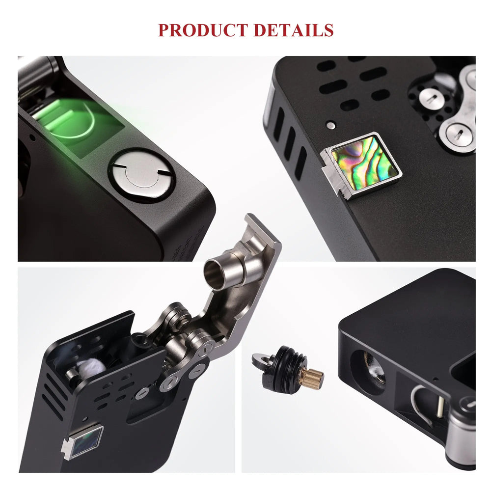 A multi-angle product feature display of the matte black Hollowing Machine lighter, highlighting the abalone shell button, the fuel reservoir seal, the internal mechanical linkage, and the precision-engineered ejection lid.
