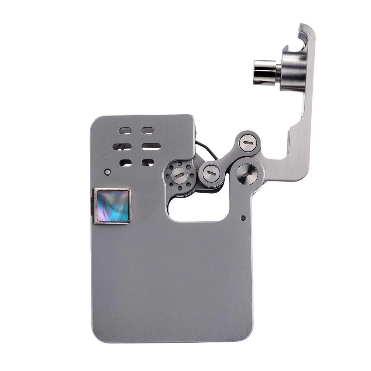 A side-view studio shot of the Ejection Lighter Hollowing Machine in an open position, showing the extended mechanical linkage arm and brushed metal chassis.