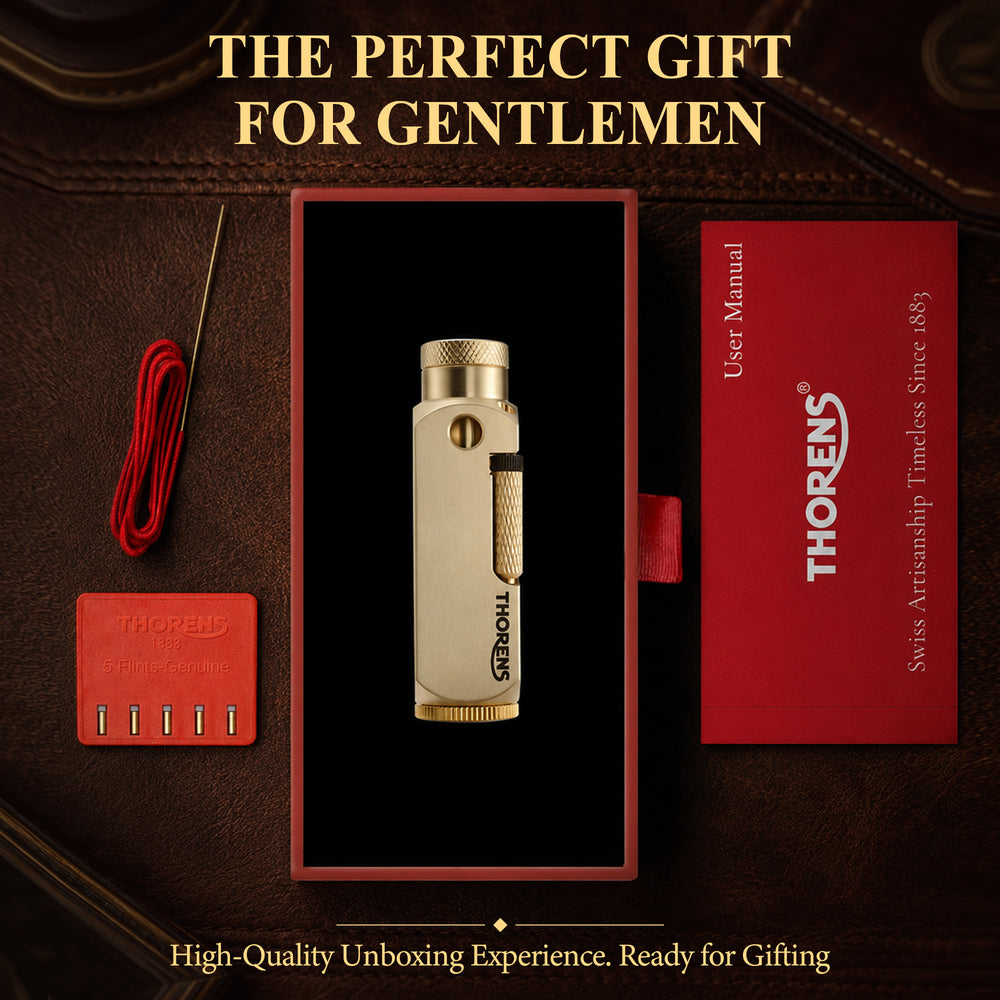 A brushed brass Flamido lighter with a unique octagonal body, featuring the Thorens logo and a knurled plunger, resting on a black and white chessboard.