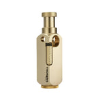 A high-resolution front view of the Flamido brass lighter on a clean white background, showcasing its precision-milled octagonal body, the Thorens logo, and the diamond-knurled plunger mechanism.