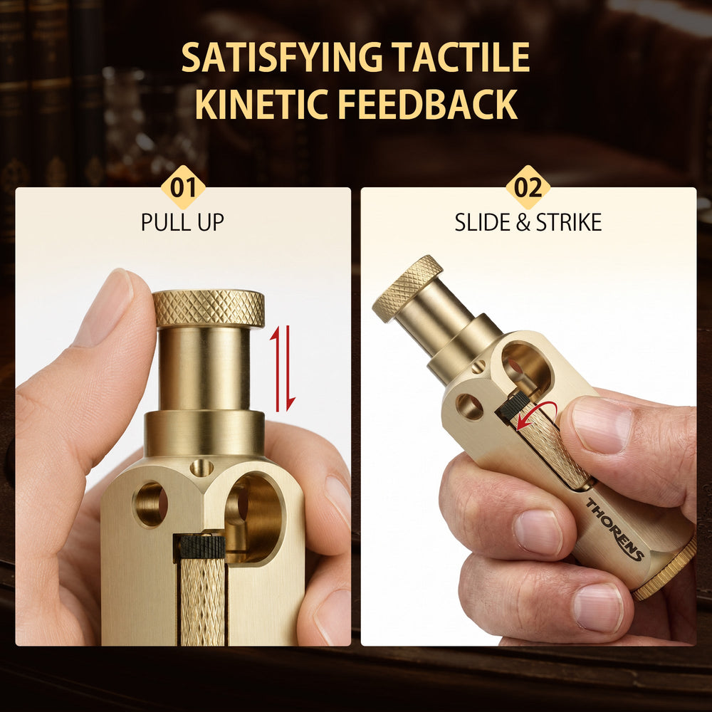 An ignited Flamido brass lighter showing a tall steady flame and ignition sparks, emphasizing its unique top-plunger mechanical design on a dark chessboard background.