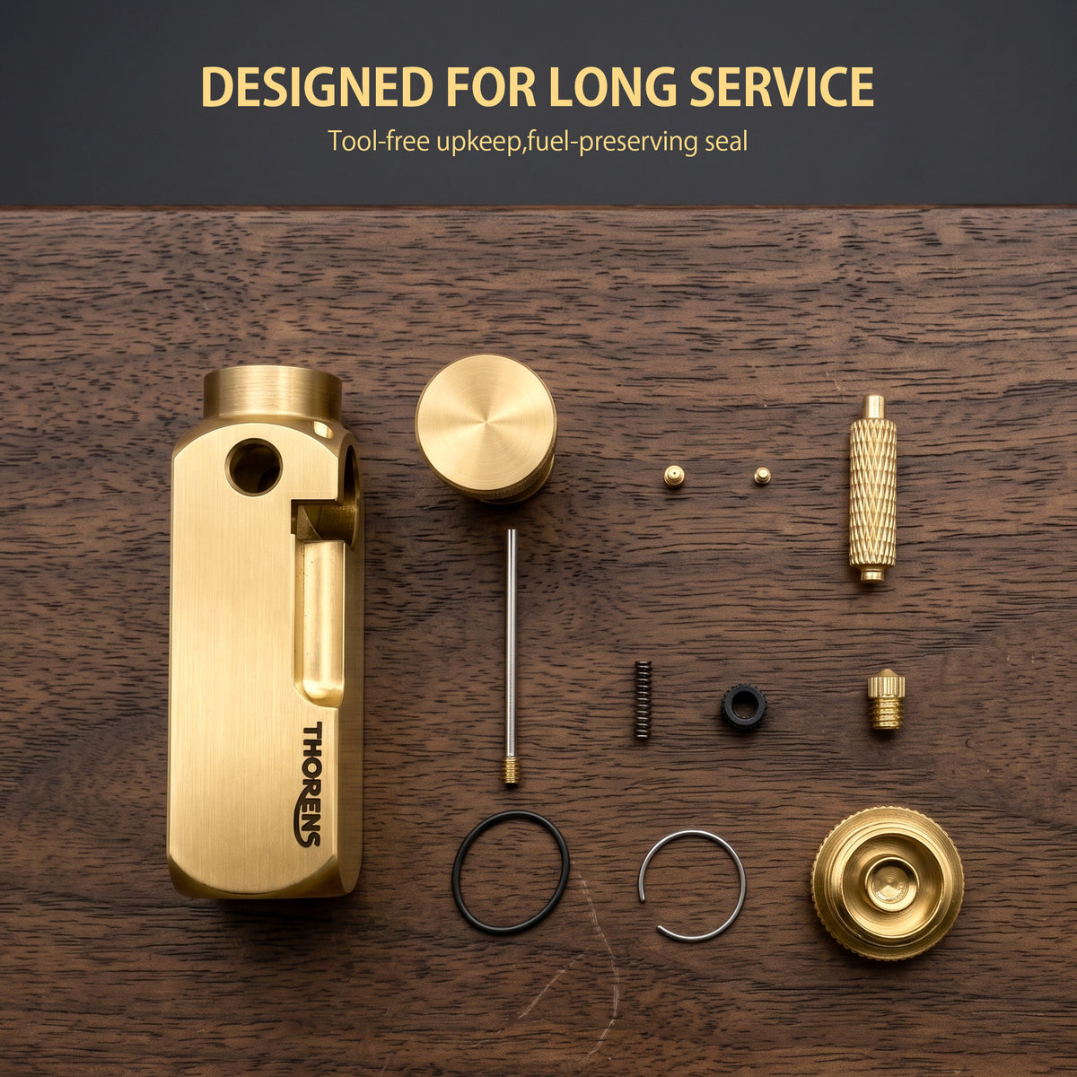 A reverse oblique view of the Flamido brass lighter on a chessboard, showcasing the knurled top plunger, the recessed ignition area, and the precision-milled octagonal body.